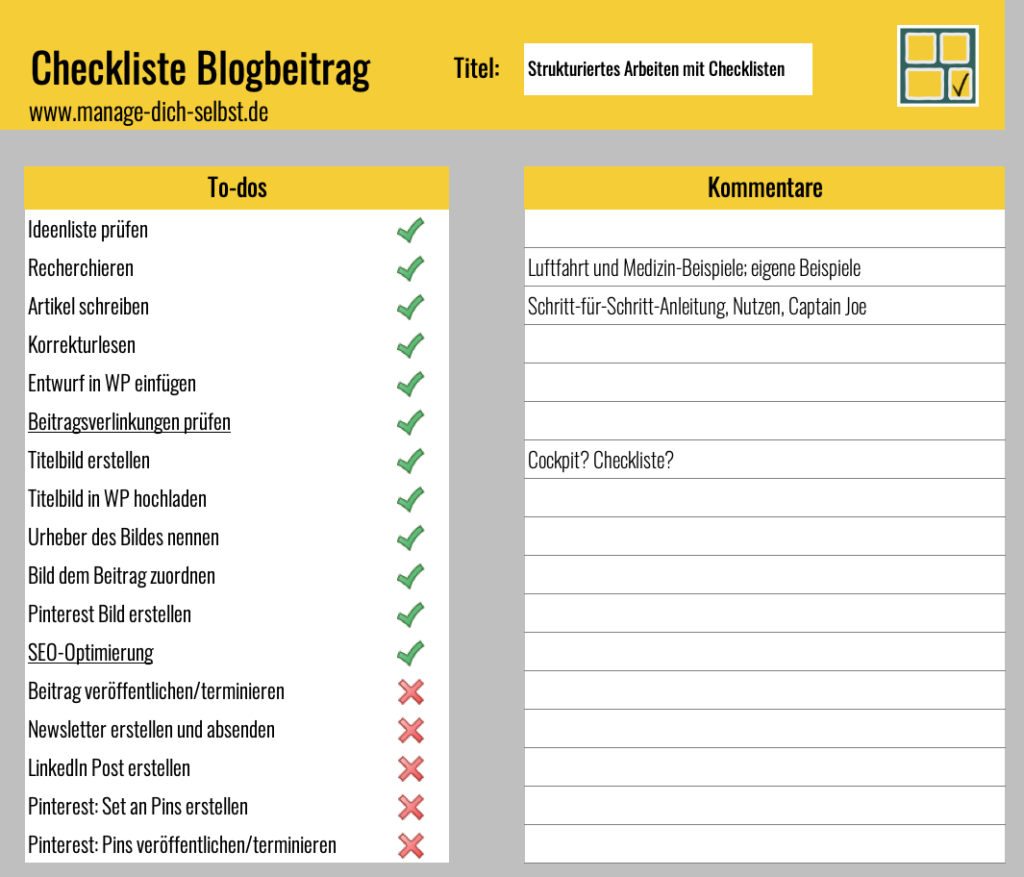 Meine Checkliste zum Erstellen eines Blogbeitrags, in der linken Spalte die zu erledigenden Aufgaben, daneben ein Feld zum Abhaken und rechts Platz für Bemerkungen