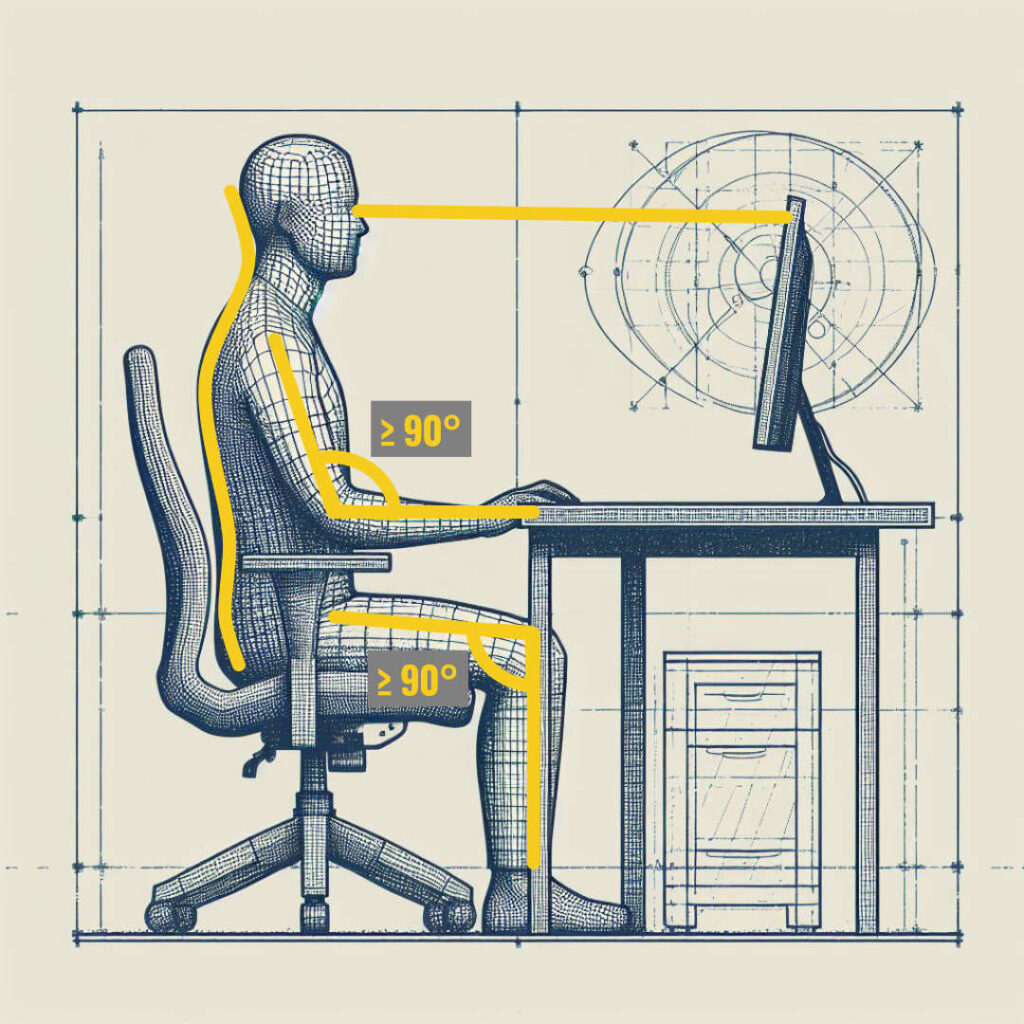 Ergonomie im Homeoffice – Arme und Beine sollten einen Winkel >=90° haben, die Augen sollten sich in der Höhe der Oberkante des Monitors befinden.
