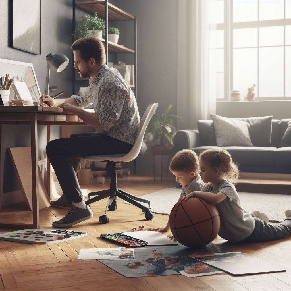 Ein Mann sitzt am Schreibtisch und arbeitet, während seine Kinder auf dem Boden sitzen und spielen.