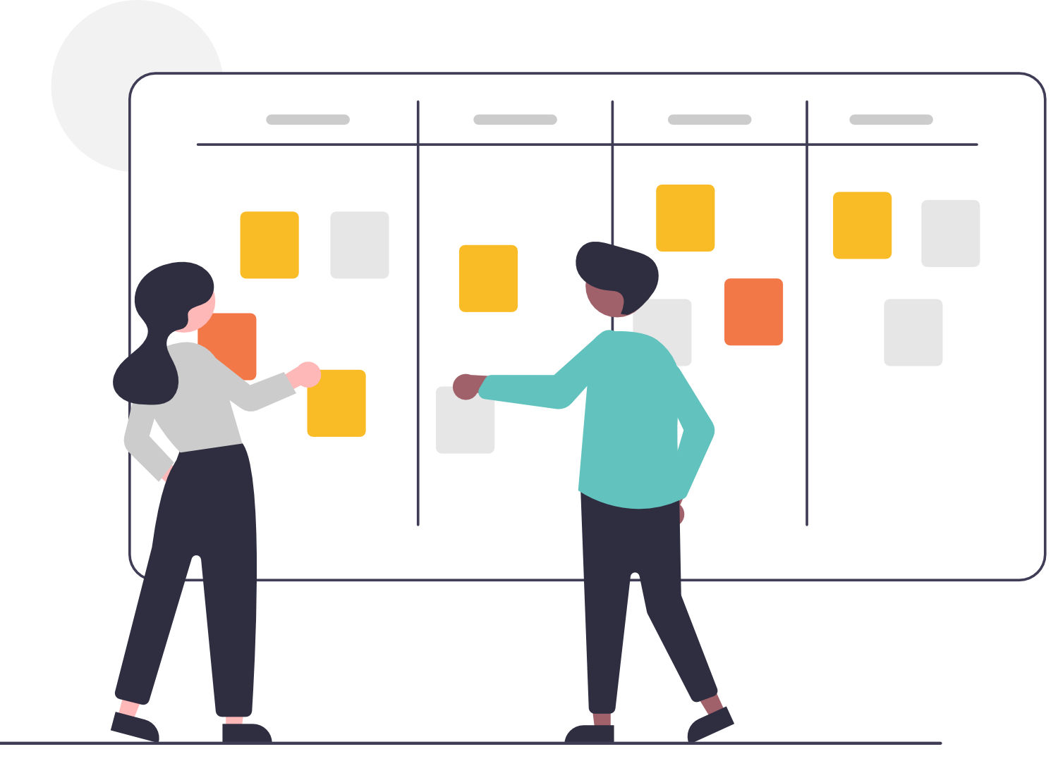 Kanban Grafik einer Kanban-Tafel mit Aufgaben in verschiedenen Spalten