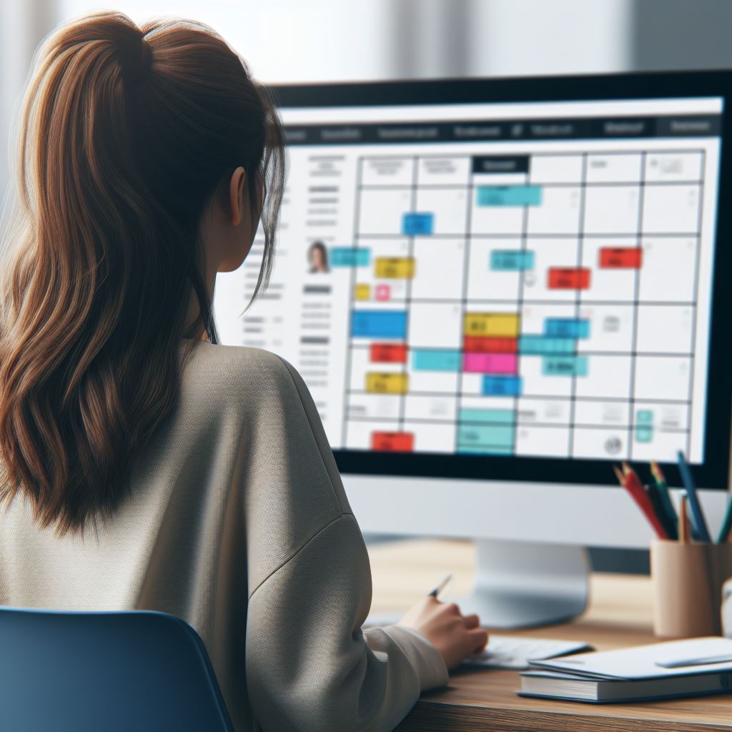 Lernplan Eine junge Frau sitzt an einem Computer. Auf dem Bildschirm ist eine Tabelle mit verschiedenen bunt markierten Bereichen abgebildet.