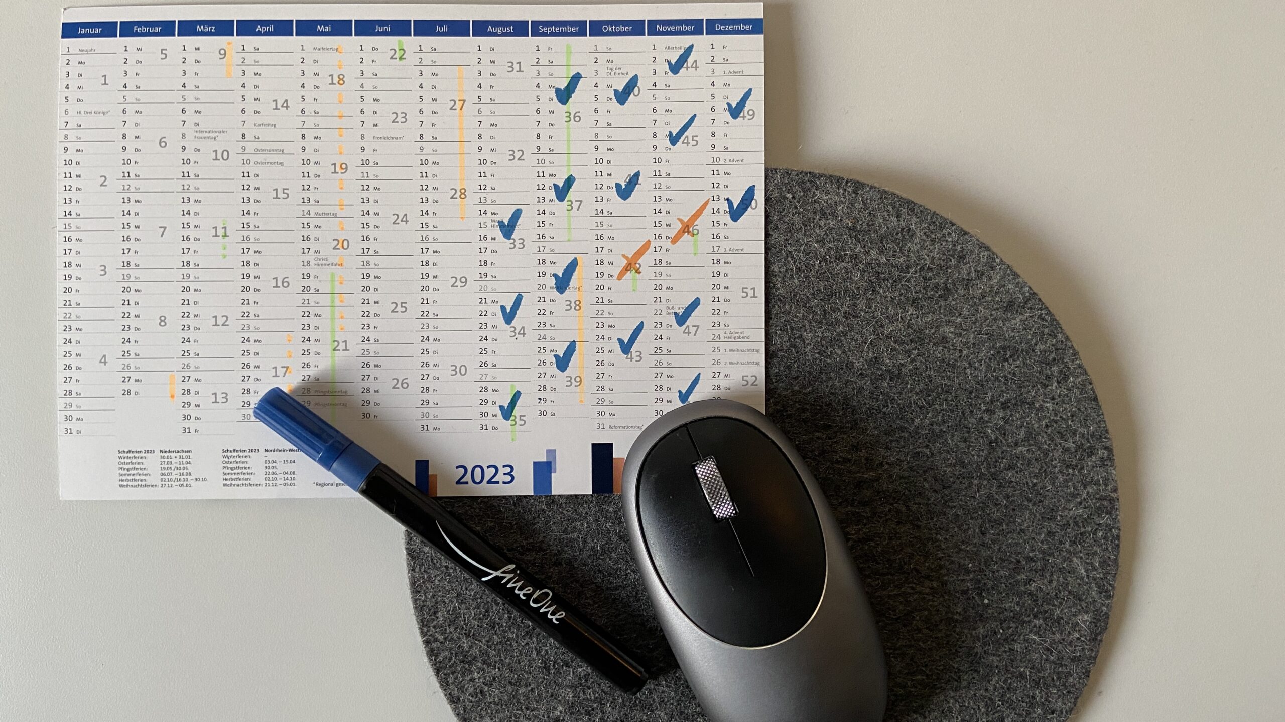 Ein Jahreskalender, auf dem in den Monaten August bis Dezember viele Wochen mit einem blauen Haken, zwei Wochen mit einem roten Kreuz markiert sind.