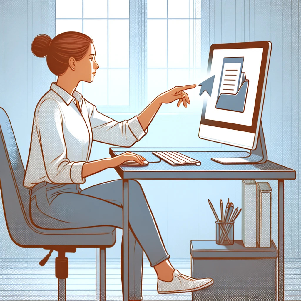 Illustration einer Frau an einem Schreibtisch, die ein Dokument auf ihrem Computer anklickt