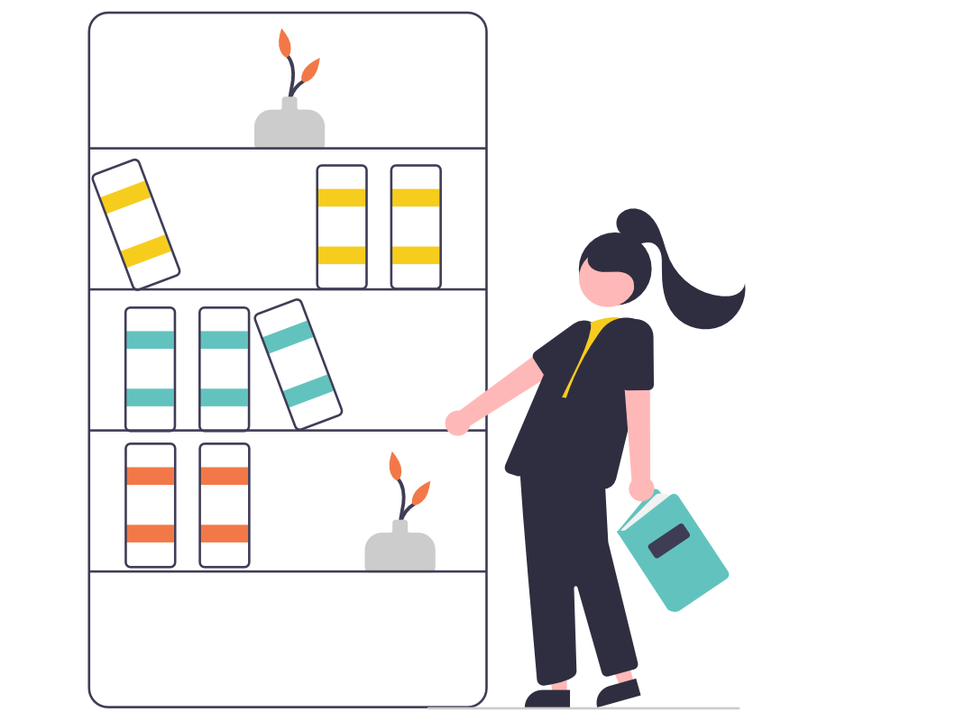 Grafik einer Frau vor einem Bücherregal, in dem Bücher nach Farben sortiert stehen - Symbol für Schritt Nr. 2: Systematisieren