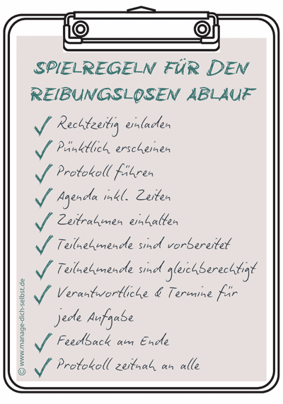 Klemmbrett mit den Spielregeln für den reibungslosen Ablauf eines Meetings: Rechtzeitig einladen, pünktlich erscheinen, Protokoll führen, Agenda inkl. Zeiten, zeitrahmen einhalten, Teilnehmende sind vorbereitet, Teilnehmende sind gleichberechtigt, Verantwortliche & Termine für jede Aufgabe, Feedback am Ende, Protokoll zeitnah an alle 