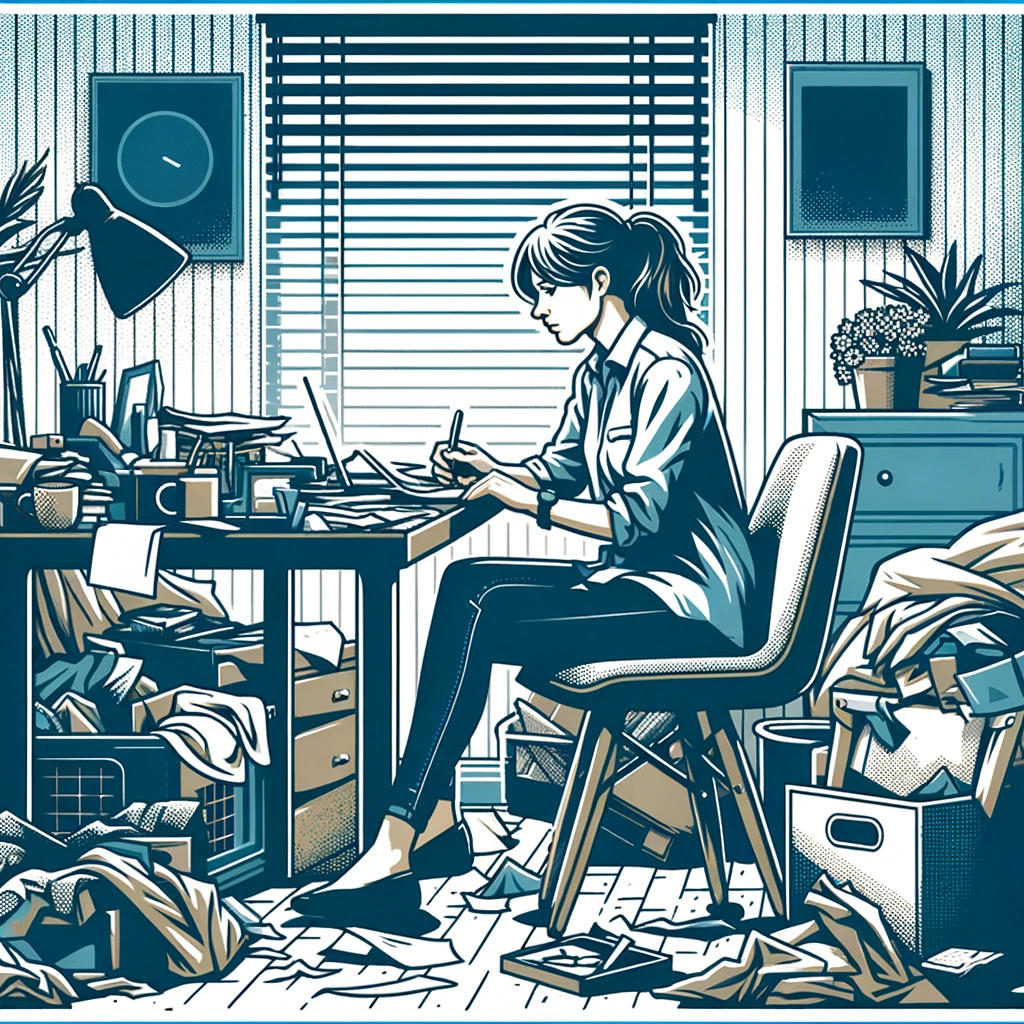 Eine Frau sitzt in einem völlig chaotischen Zimmer an einem Schreibtisch und arbeitet.