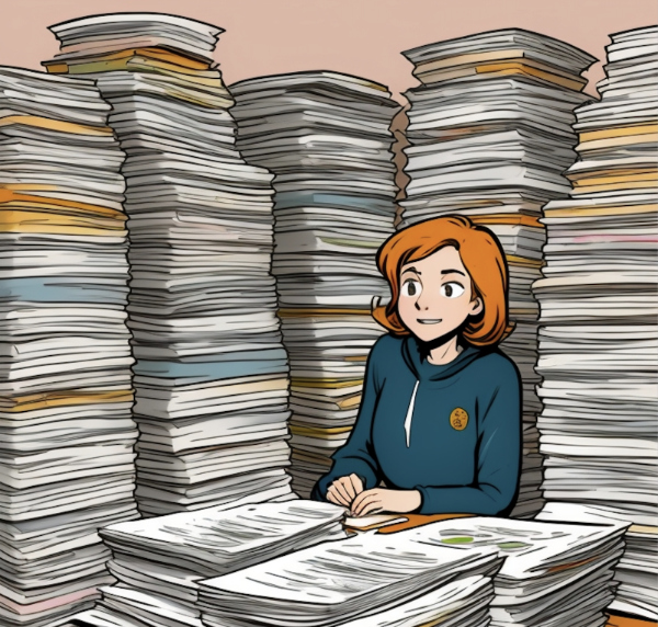 Comic, Manga Stil. Eine junge Frau sitzt in mitten von hohen Papierstapeln