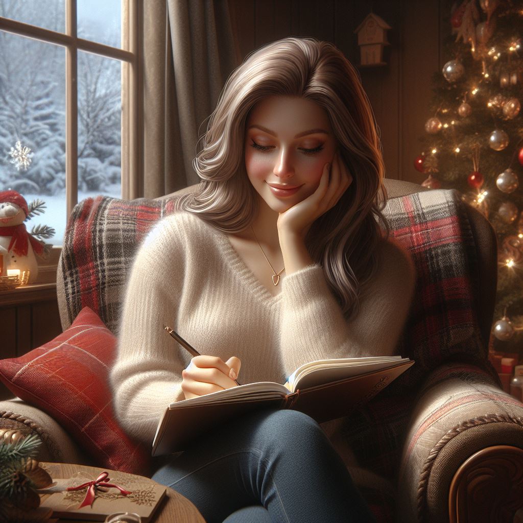 Romantische Darstellung einer Frau, die im weihnachtlich geschmückten Haus im Sessel sitzt und ihre Neujahrsvorsätze in ein Notizbuch schreibt.