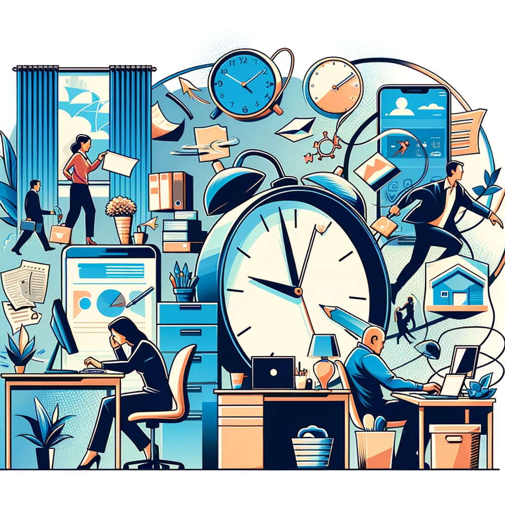 Eine Illustration mit verschiedenen arbeitenden Personen umgeben von Symbolen für Zeit und Arbeit