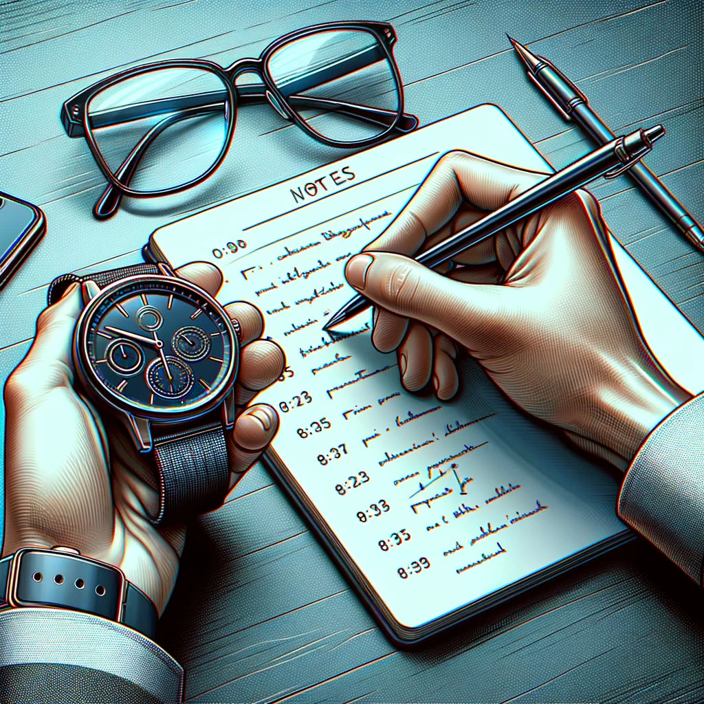 Eine Person schreibt ein Zeitprotokoll in ein Notizbuch. In der anderen Hand hält die Person eine Uhr.